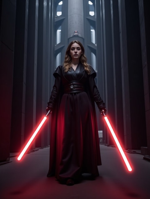 A woman wearing a black Sith robe holding a red lightsaber in a dark futuristic alley. In the background, some faint glowing lights give the idea of a gigantic superstructure made of metal