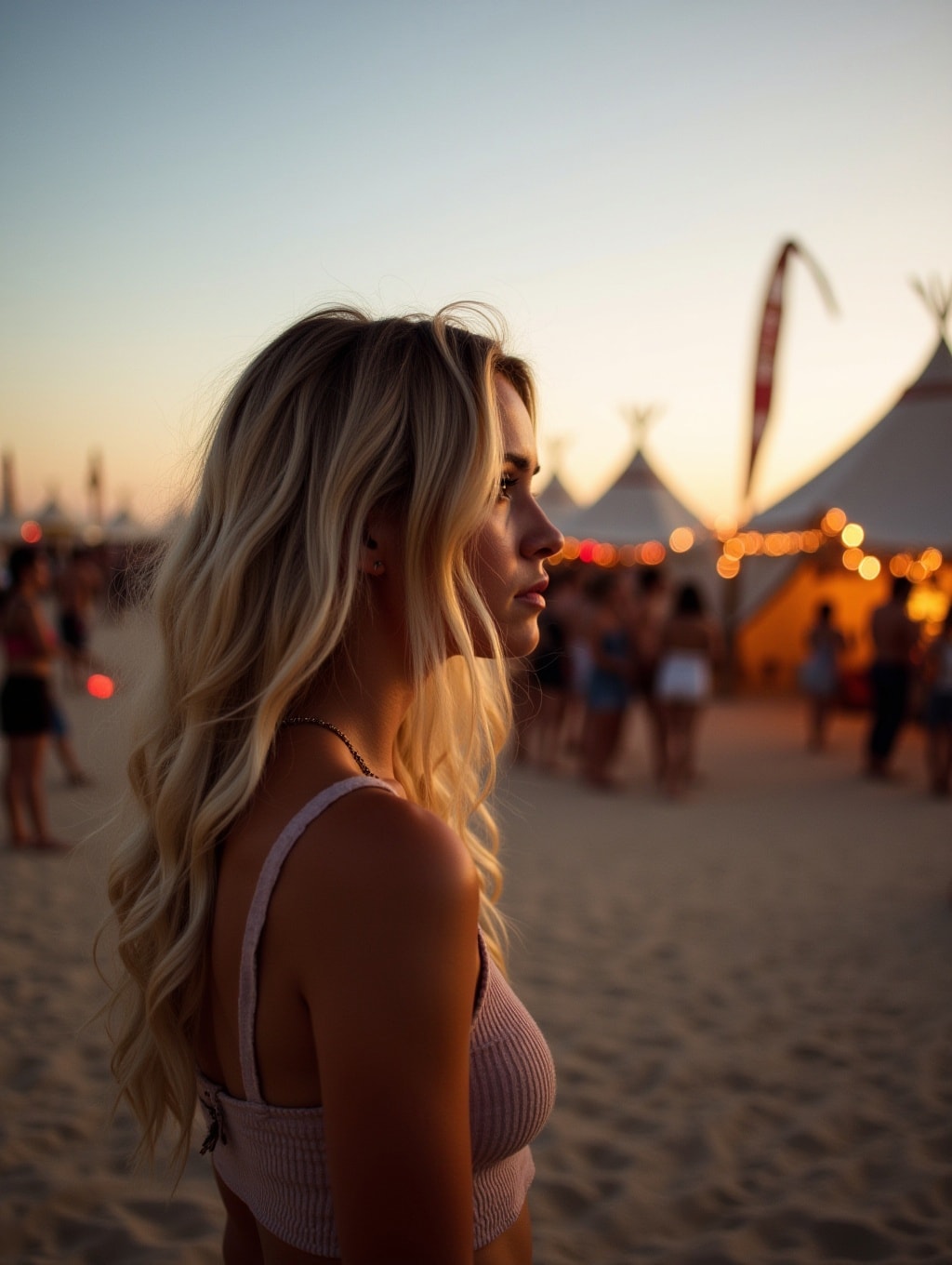 A young woman, blonde hair, standing in the desert, looking into the distance, at dusk, tents and dancing people in the background