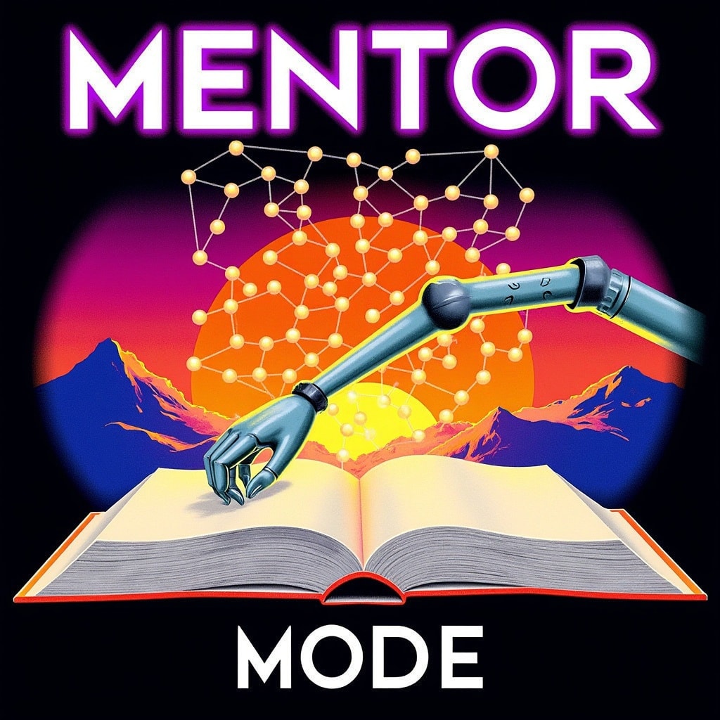 A stylized, vibrant illustration of a blooming network of interconnected nodes, representing a knowledge graph, emanating from an open book. A futuristic robotic arm gently holds the book. The background features a sunrise breaking through a stylized mountainous landscape, symbolizing new horizons. At the top, in glowing purple letters it says "MENTOR", at the bottom "MODE"