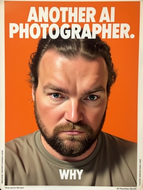 a vintage ad of a man staring at the viewer with a neutral expression. White text on orange background at top of image reads "ANOTHER AI PHOTOGRAPHER", bottom of image reads "WHY"