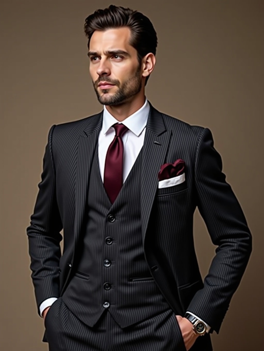 handsome and stylish model trying on a sophisticated pinstripe suit with a waistcoat and a burgundy tie