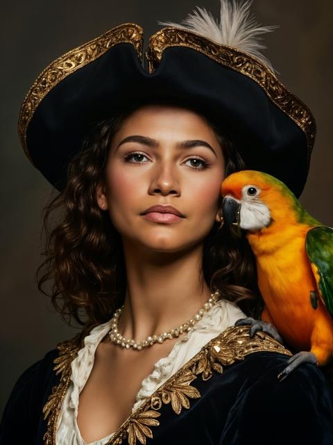 A portrait painting of a pirate woman wearing a black hat, pearl earrings with a parrot on her shoulder