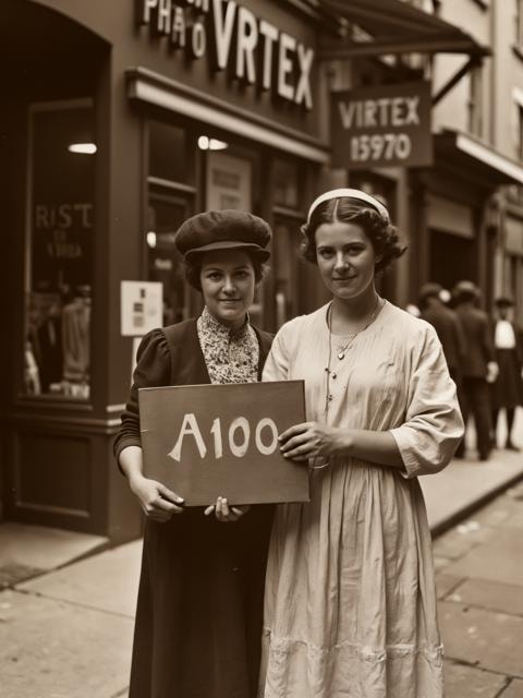 A woman holding an A100 graphics card with "A100" text, standing in front of a shop with "PHOTO VORTEX" sign, photograph in the style of VCTRN, vintage Victorian era photograph