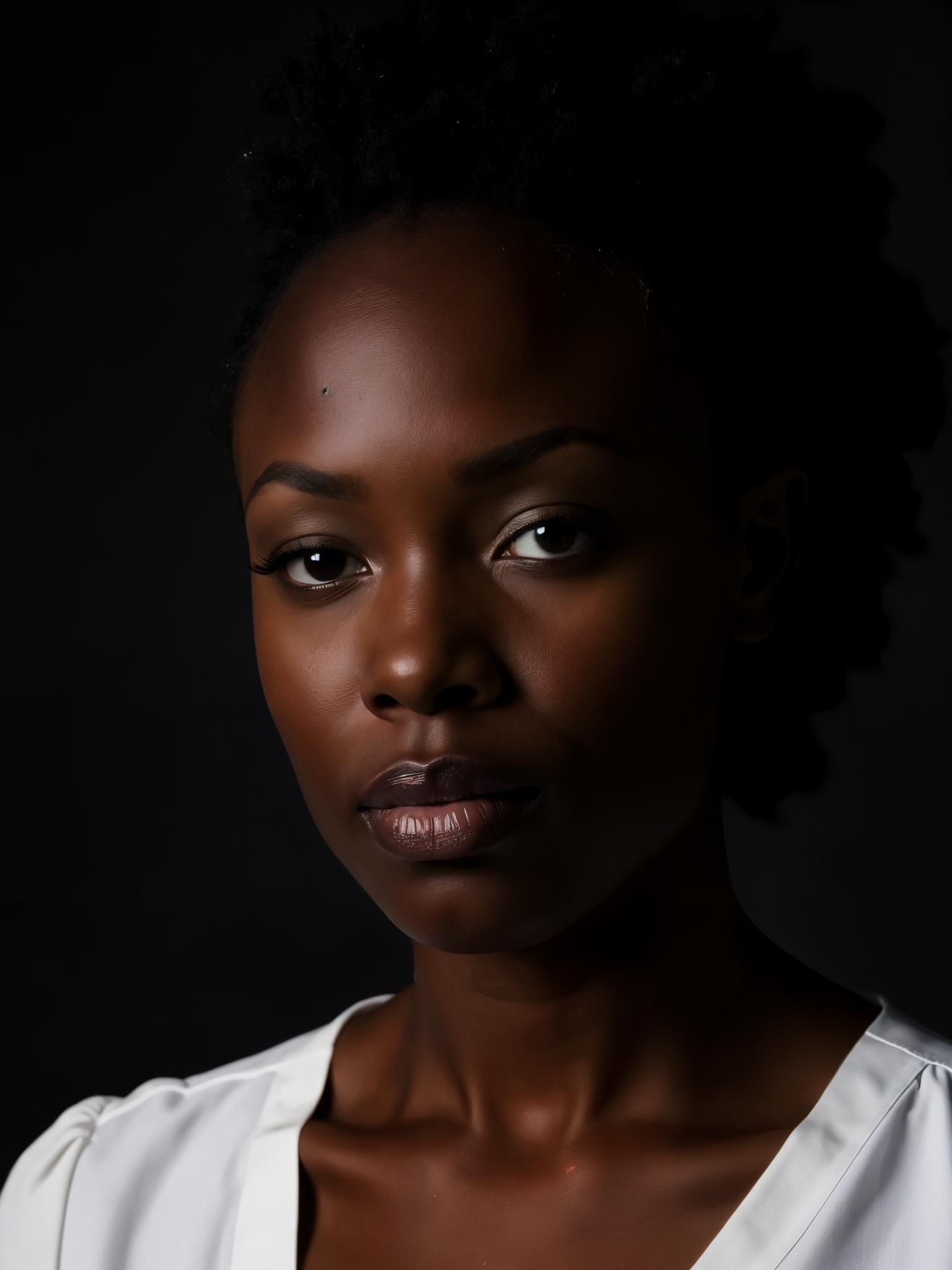 A professional high-quality portrait of a black woman wearing a white blouse. Her facial expression is neutral, with a slight upward tilt of the lips. The lighting is soft and natural, highlighting the contours of her face and emphasizing the texture of her skin. Extremely high-resolution details, photographic, realism pushed to extreme, fine texture, incredibly lifelike