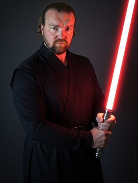 A hyper-realistic, photorealistic photo image of a man in sithoutfit with a red lightsaber (photography, high-resolution, dynamic, energetic, hyper-realistic, dramatic lighting, shallow depth of field)