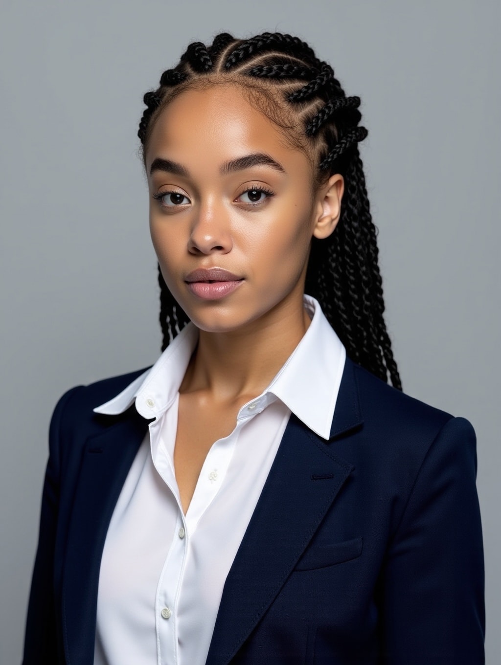 A professional high-quality business portrait of a woman wearing a white blouse and a dark blue blazer. Her hair is strict braided, looking very professional. She has a professional, almost stern look on her face.