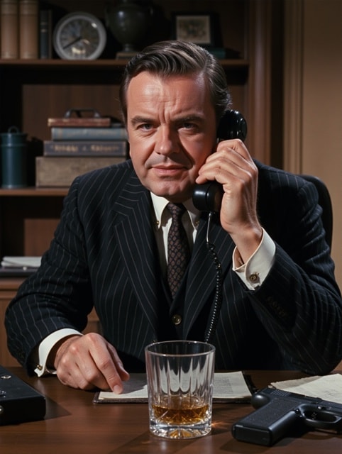 A mobster boss with a stern facial expresion, sitting behind a desk in a tailored suit with pinstripes is smoking a cigar, a phone in one hand. On the desk, there is a tumbler of whisky in a crystal glass and a pistol.