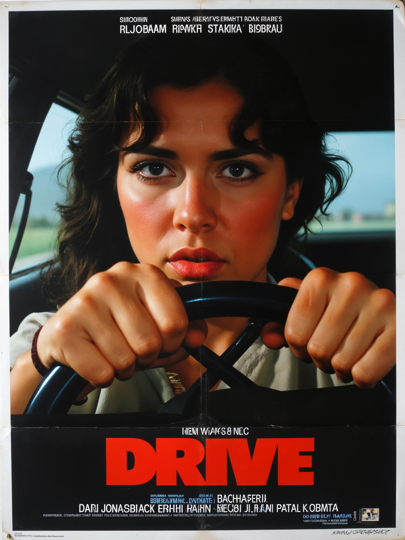 Movie poster for a movie titled "DRIVE" showing a woman staring at the camera, grabbing a steering wheel, white knuckles and intense facial expression