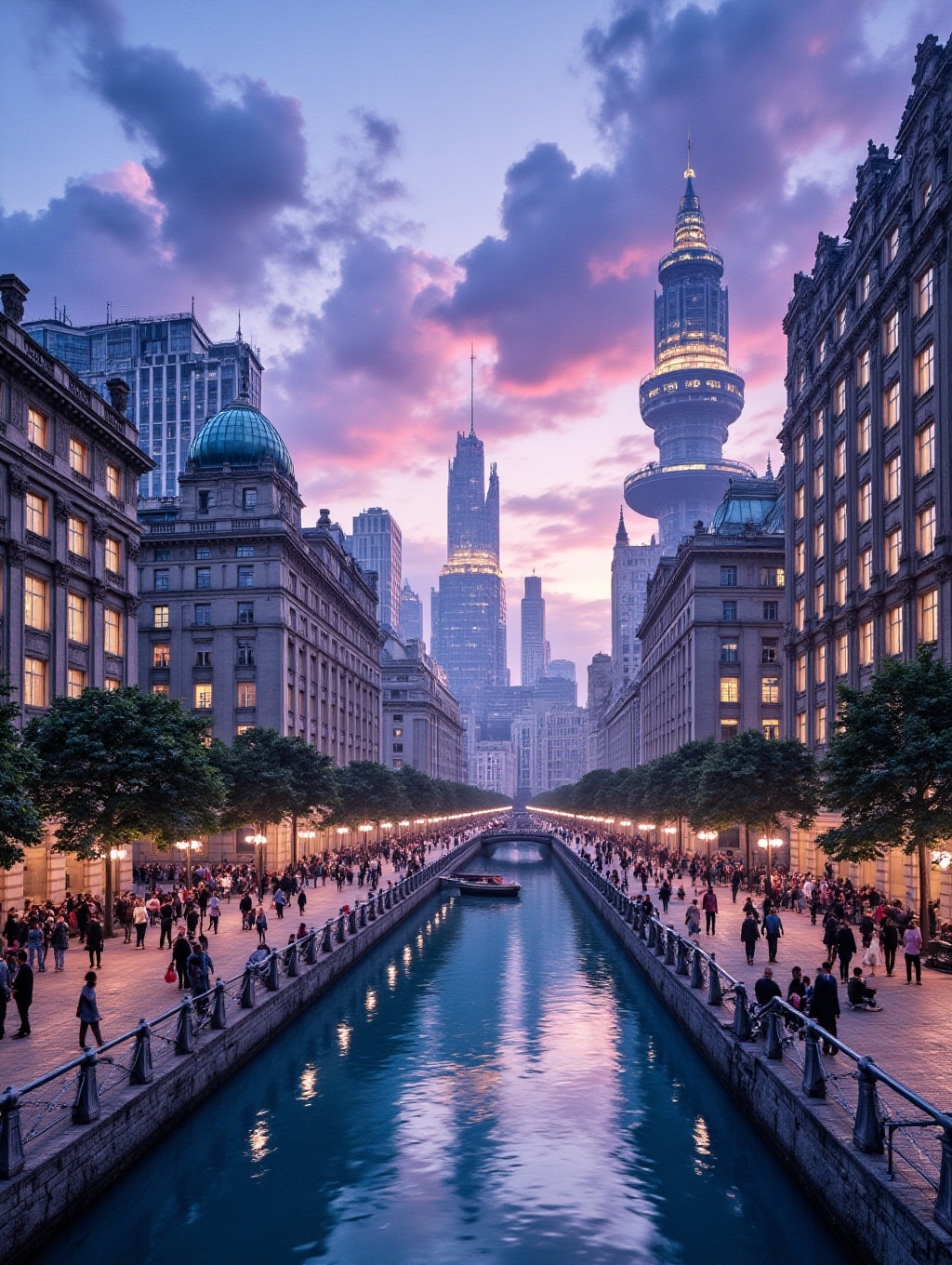 An image of a surreal cityscape at twilight. The sky is a canvas of vivid purples and blues, with whimsical cloud formations. The buildings are an eclectic mix of classical architecture with futuristic elements, like towers with glass domes and floating gardens. Streets are bustling with people dressed in colorful, avant-garde fashion, and the entire scene is reflected in a crystal-clear river running through the city 