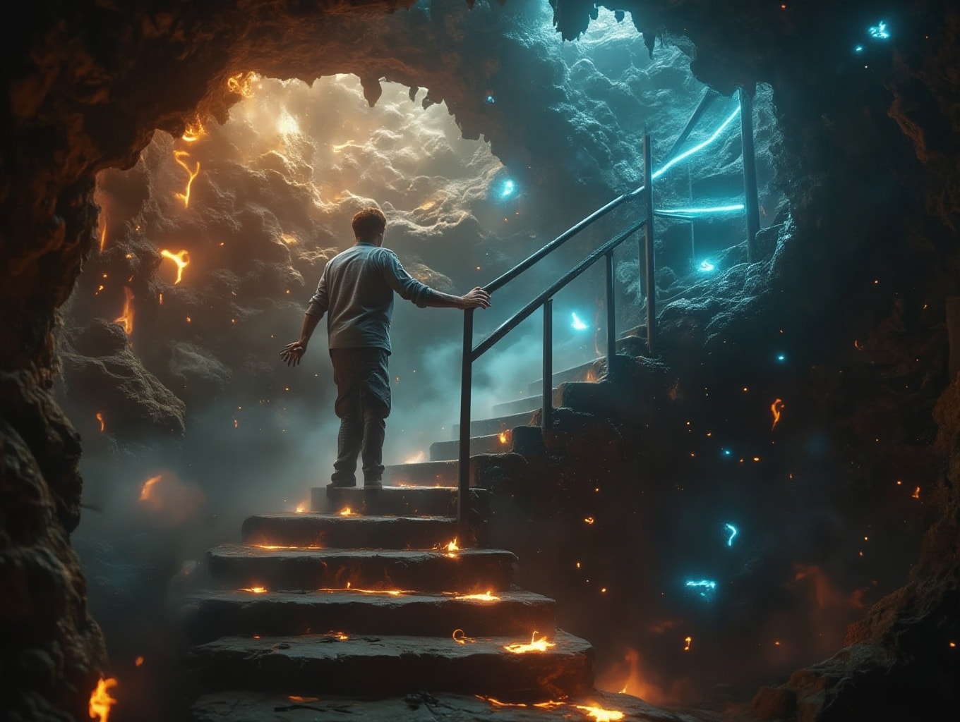 An infinite spiral staircase made of books and digital elements, with holographic mentor figures appearing at different levels, reaching out to help others climb. Dramatic perspective, warm inspiring colors contrasting with cool tech elements, cinematic composition, volumetric fog.