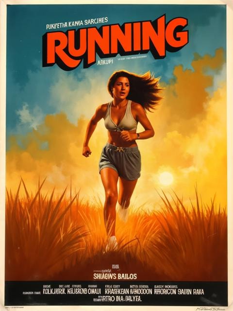 Movie poster for a movie titled "RUNNING" showing a woman running frantically through a field at dawn