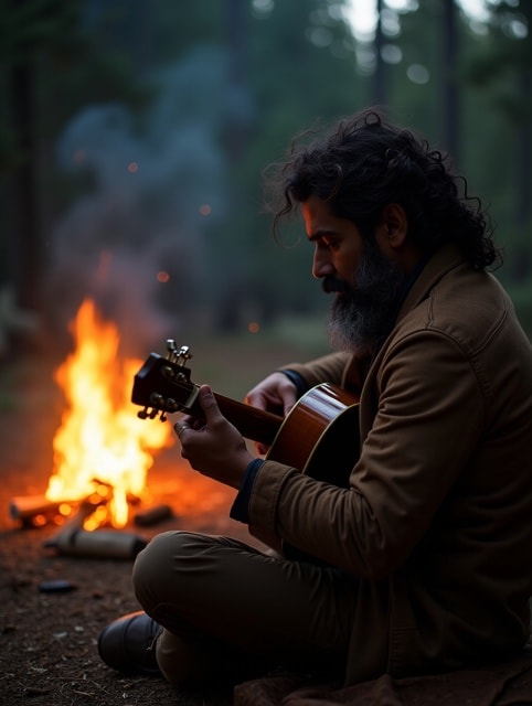 24 year indian man playing guitar near campfire