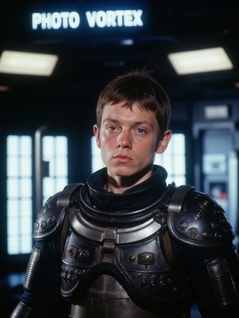 Portrait photo of a young soldier with intricate sci-fi armor.
A large screen display panel in the backgrounds has glowing blue text that says "PHOTO VORTEX"