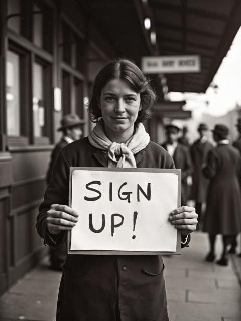 A woman holding an sign that says "SIGN UP!", standing in front of a train station with "PHOTO VORTEX" sign 