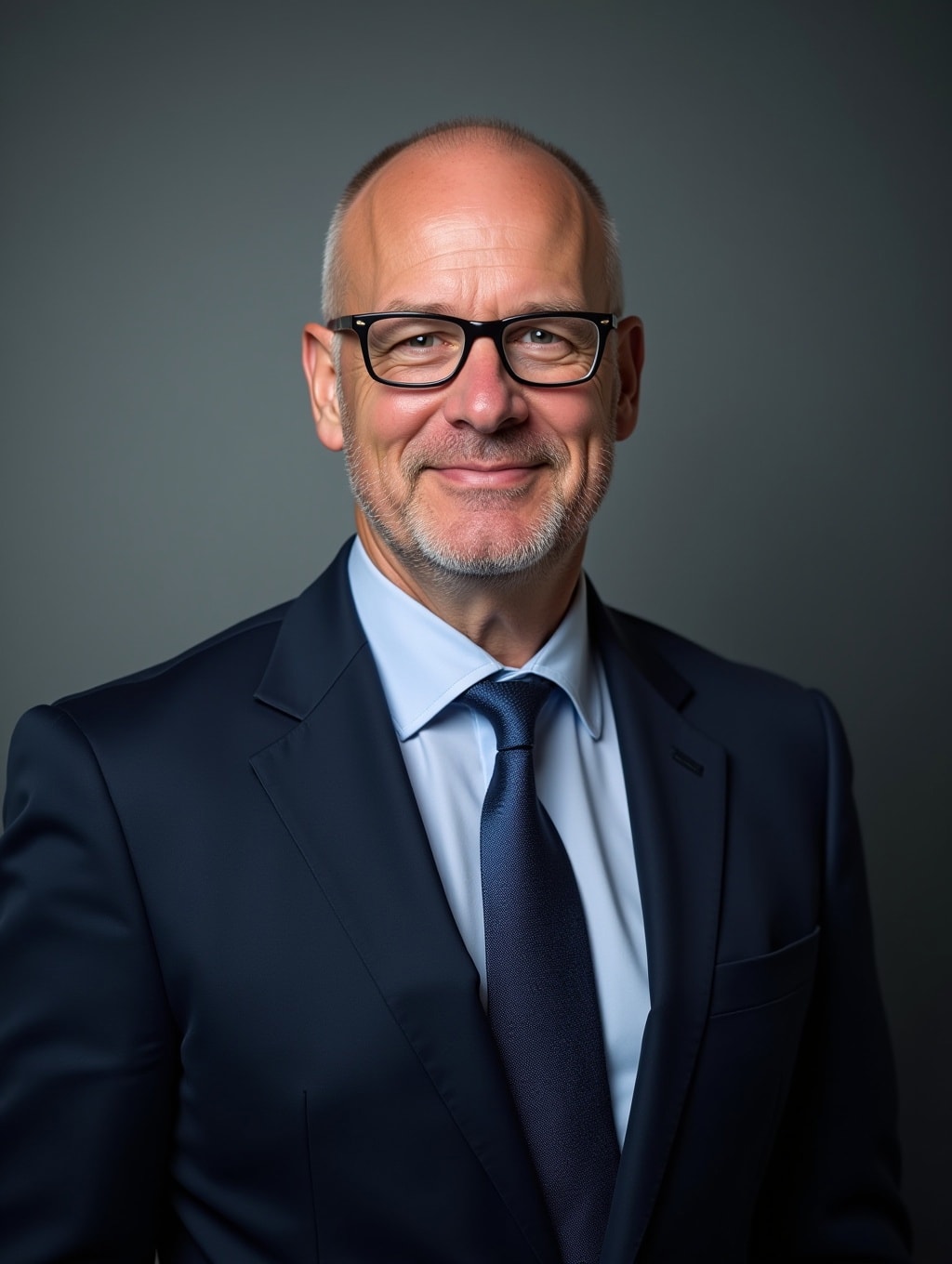 A balding man, 55 years old, wearing glasses, looking smartly into the camera