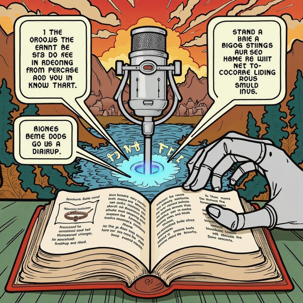 A stylized, vibrant illustration of a blooming network of interconnected nodes, representing a knowledge graph, emanating from an open book. Some nodes transform into speech bubbles containing friendly conversational text. A futuristic robotic arm gently holds a podcast microphone towards the book, while a holographic signup button floats nearby, glowing with a welcoming aura. The background features a sunrise breaking through a stylized mountainous landscape, symbolizing new horizons