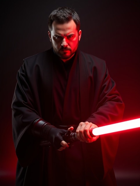 A hyper-realistic, photorealistic photo image of a man in sithoutfit with a red lightsaber (photography, high-resolution, dynamic, energetic, hyper-realistic, dramatic lighting, shallow depth of field)