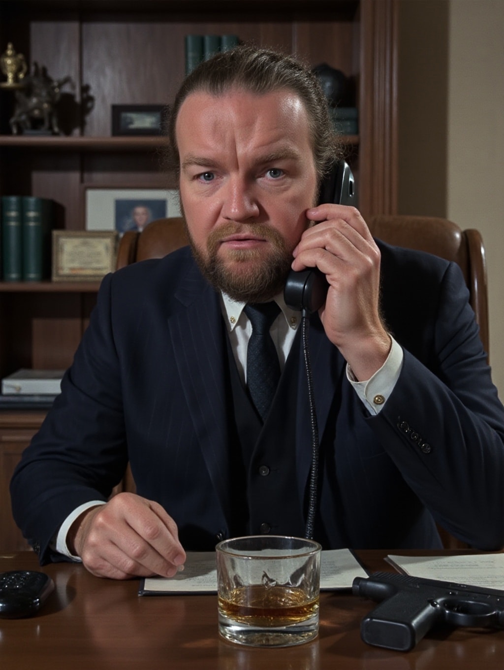 A mobster boss with a stern facial expresion, sitting behind a desk in a tailored suit with pinstripes is smoking a cigar, a phone in one hand. On the desk, there is a tumbler of whisky in a crystal glass and a pistol.