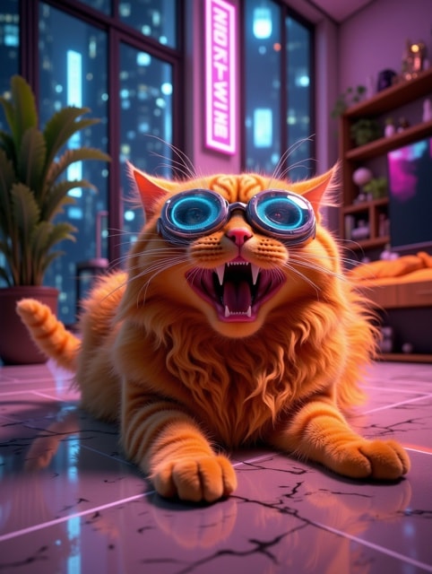 A cyber style, futuristic wallpaper, photo realistic, poster, sharp focus with intricate details.
A big orange cat is playing in the living room, orange long hair, open mouth, teeth, tail up, Make the cat wear futuristic cybernetic glasses. Marble tiles floor in the living room, neon light, the style of the living room is modern and futuristic, plant,  soft lighting, ultra high res, finely detailed, quality, realistic lighting, ambient light plus reflection, windows shows out door high tech city in future