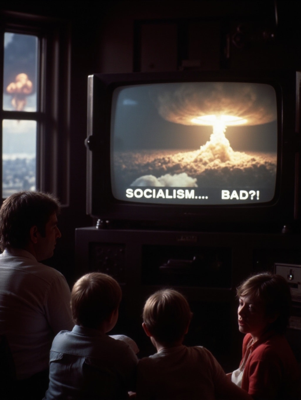 retro photograph of a family sitting in front of the television. The perspective is from behind the family, viewing the television with them. On the television is a news broadcast that depicts a nuclear explosion. The text at the bottom of the screen reads "SOCIALISM... BAD?!" On the left side of the image, there is a window. Outside the window you can see the same nuclear explosion.