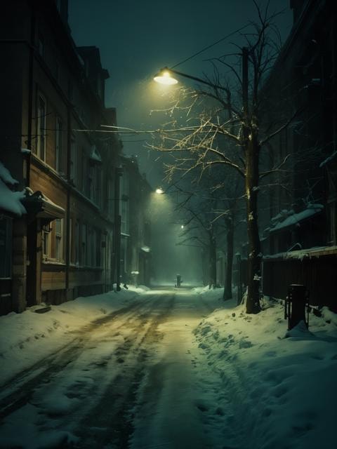 A photo of a deserted, snow-covered street with a single streetlight casting an eerie glow. The image is shot in muted, desaturated colors, analogstyle,  faded photograph