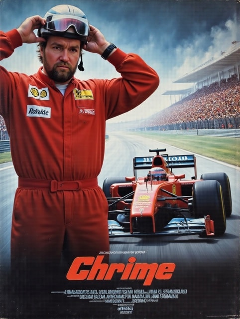 An intense sports drama titled "Chrime" featuring a determined F1 driver removing his helmet, as he stands triumphantly next to her race car. The backdrop shows a blurred racetrack with cheering crowds. The title "Chrime" zooms across in a sleek, aerodynamic font.