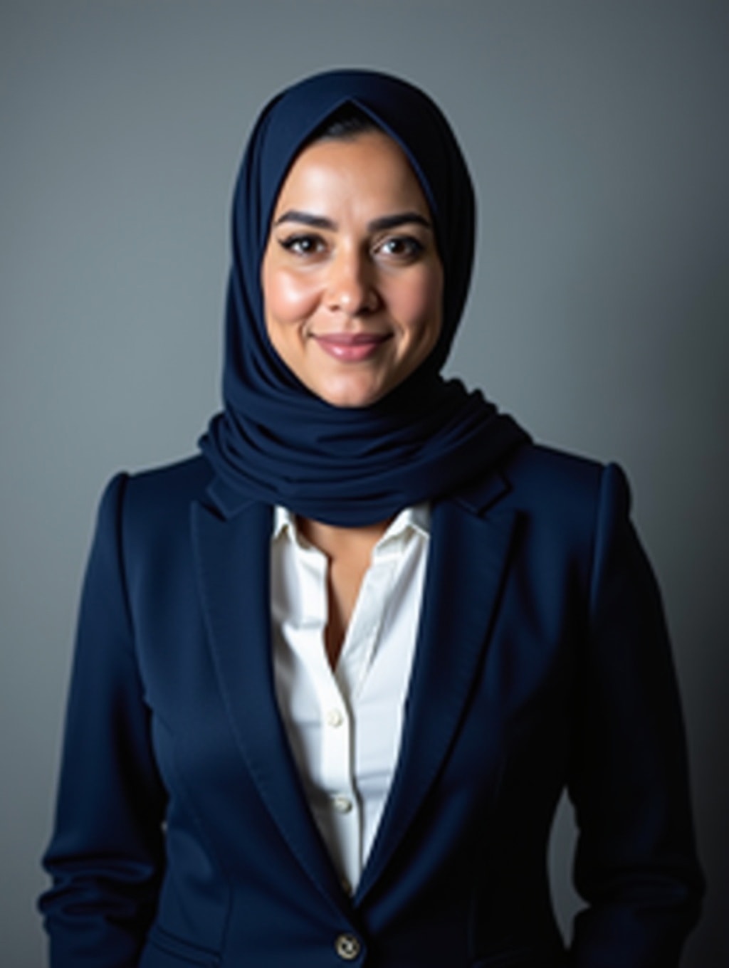 A professional high-quality business portrait of an Arabic woman wearing a white blouse, a dark blue blazer and a dark blue headscarf.