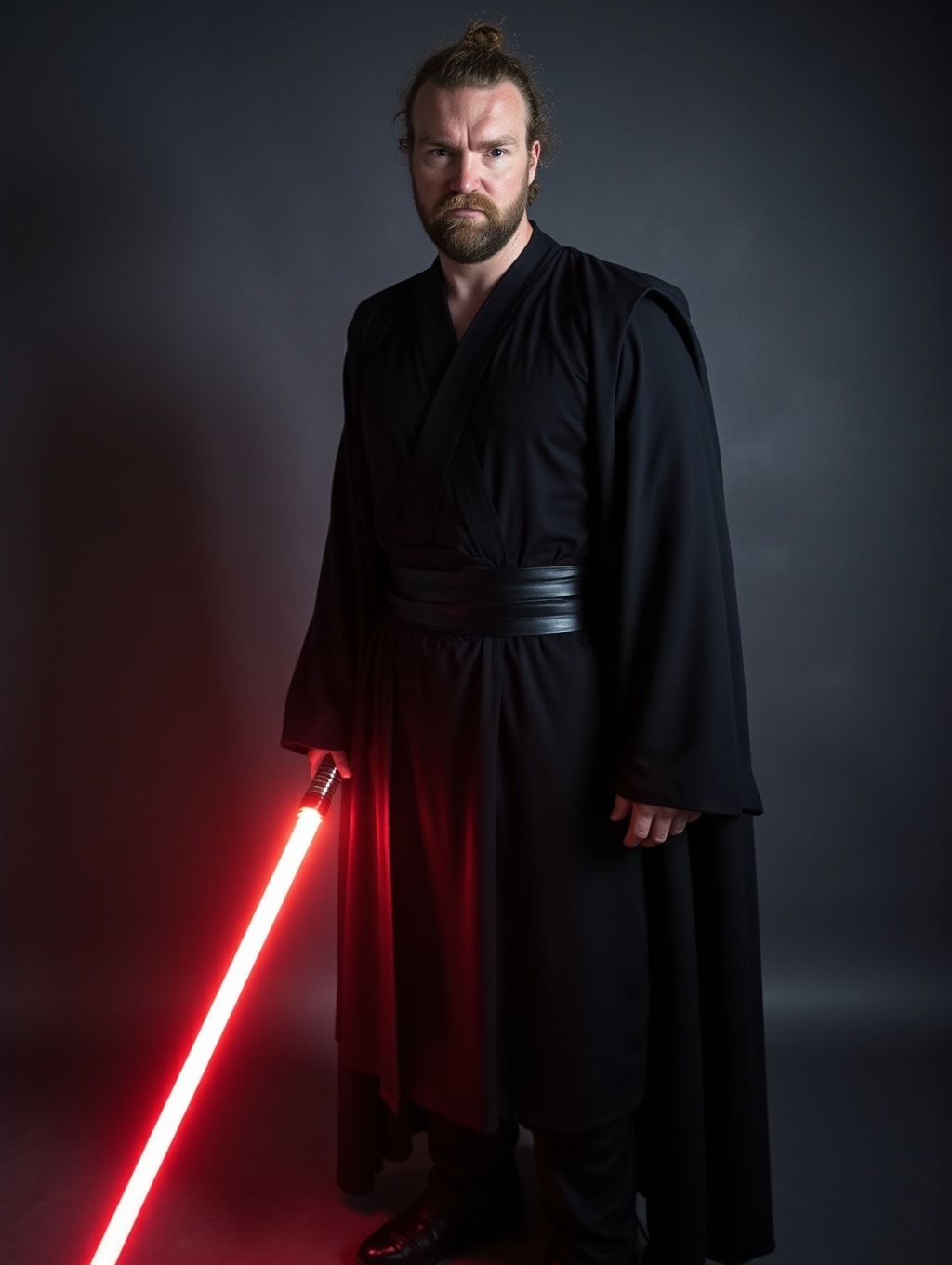 A hyper-realistic, photorealistic photo image of a fit man in sith outfit with a red lightsaber (photography, high-resolution, dynamic, energetic, hyper-realistic, dramatic lighting, shallow depth of field), sithoutfit