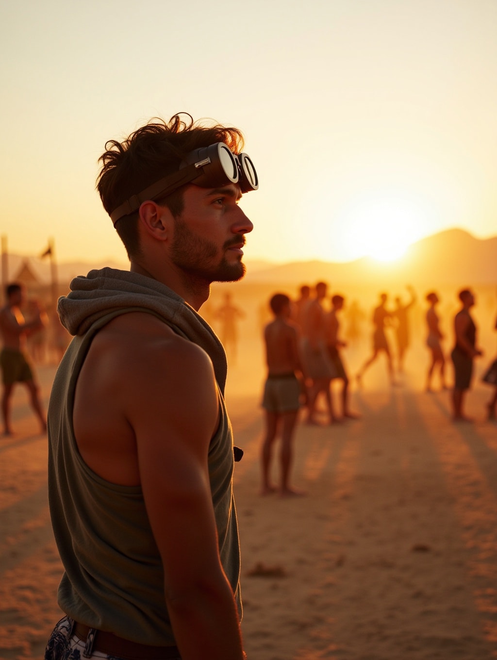 A young handsome man standing in the desert, looking into the distance, wearing goggles at dawn, dancing people in the background