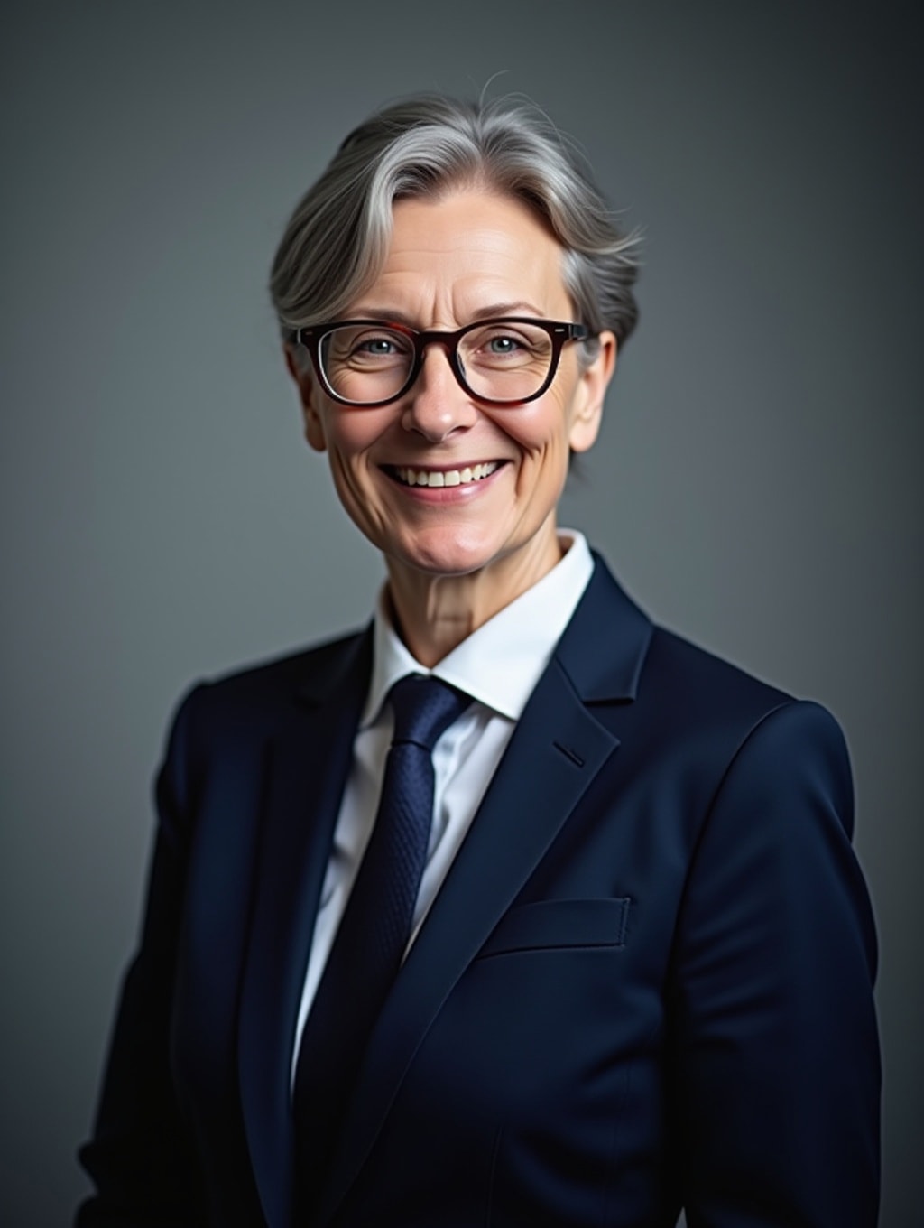 A woman, mid-fifties, wearing rimless glasses, grey hair, looking smart