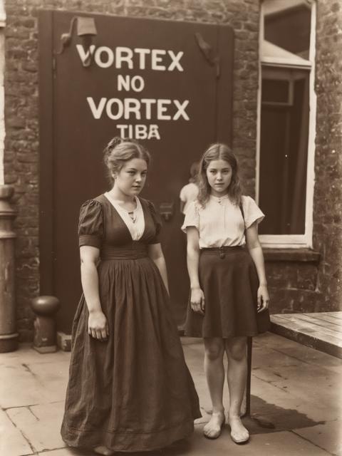 a woman holding an A100 graphics card with "A100" text, standing in front of a building with "PHOTOVORTEX" sign, photograph in the style of VCTRN, vintage Victorian era photograph